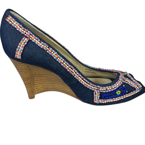 Jessica Bennett Jkirabu Beaded Denim Peep Toe Wedge Heels Beaded Wooden Platform - Picture 7 of 13
